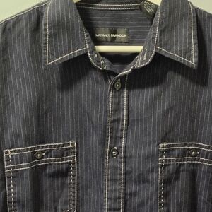 Michael Brandon Dark Blue Pin Stripe Button Down Shirt Long Sleeve Size Large